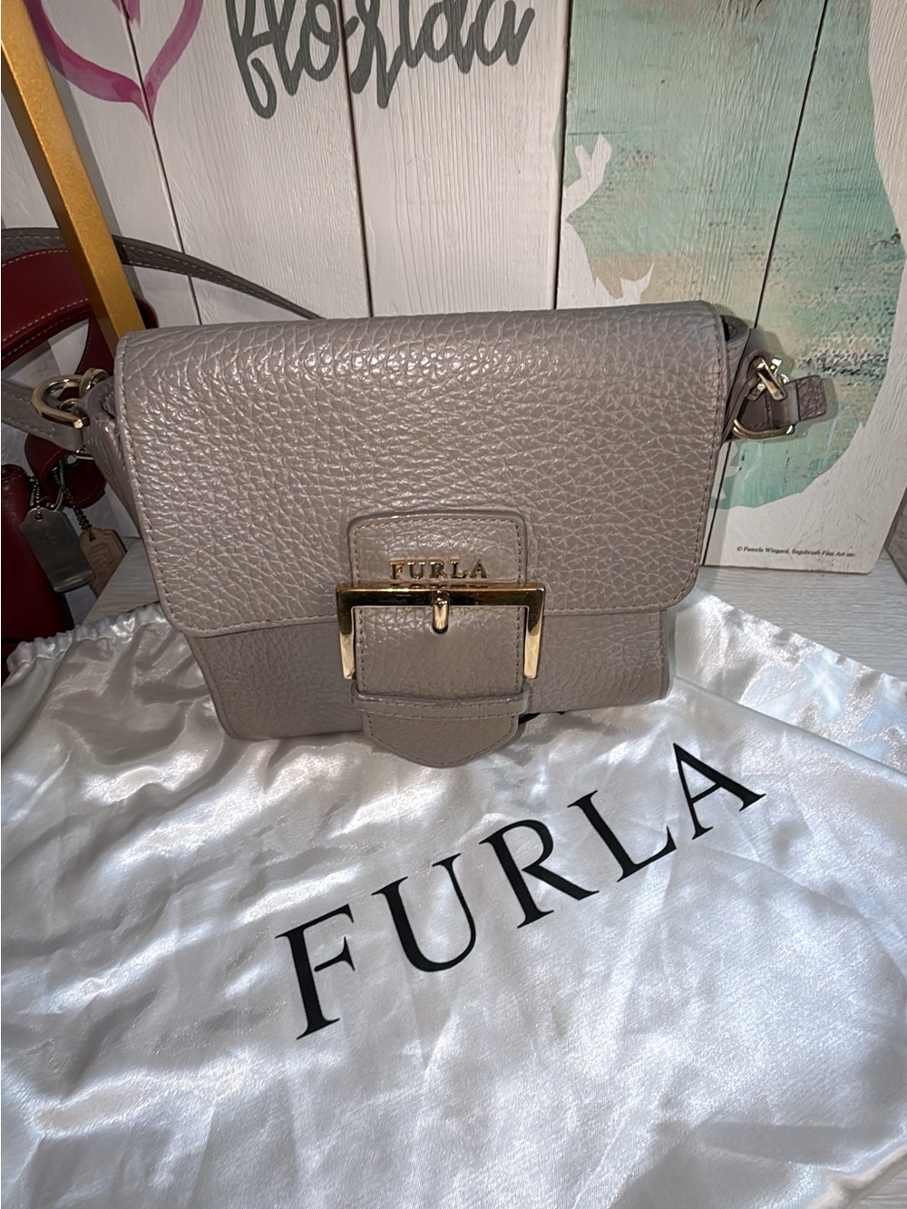Furla Pebbled Leather Crossbody in Taupe with Gold Hardware